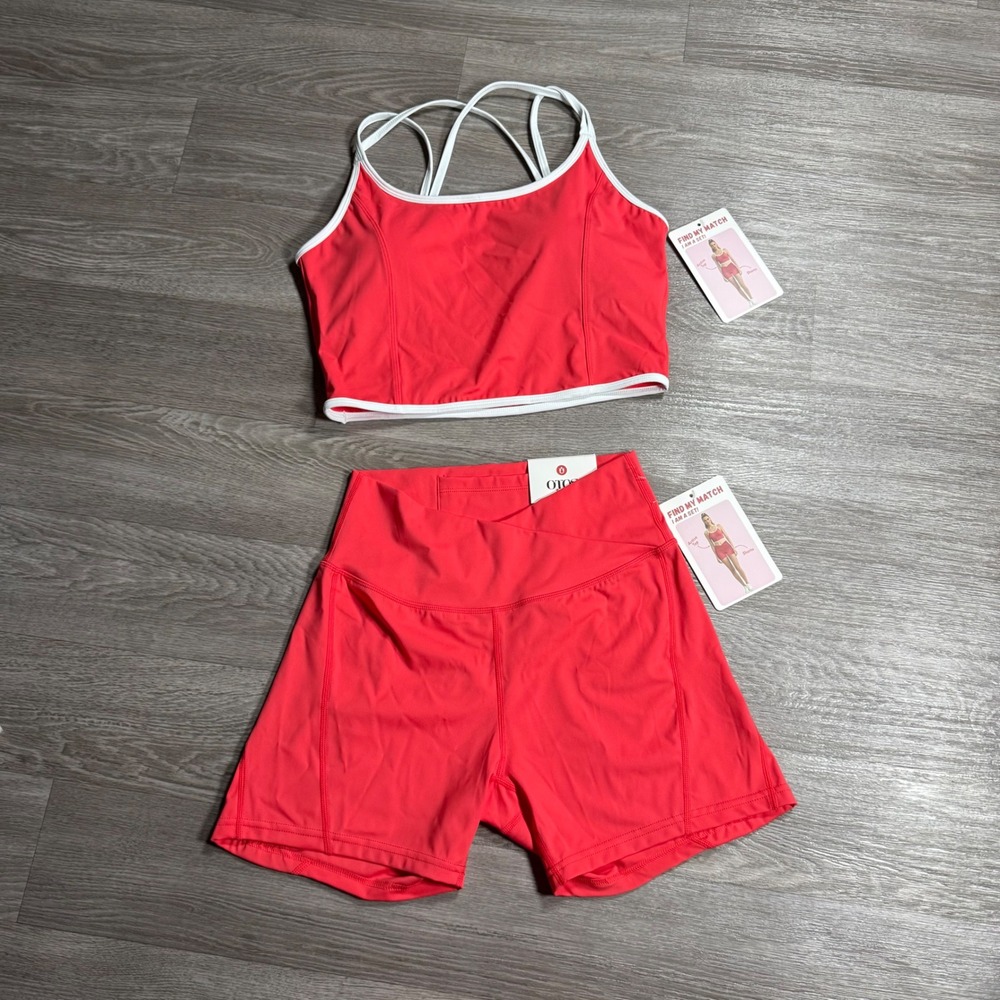 OTOS S515 Womens Activewear Set Coral Red Crossover Shorts Crop Tank Top‎ Large